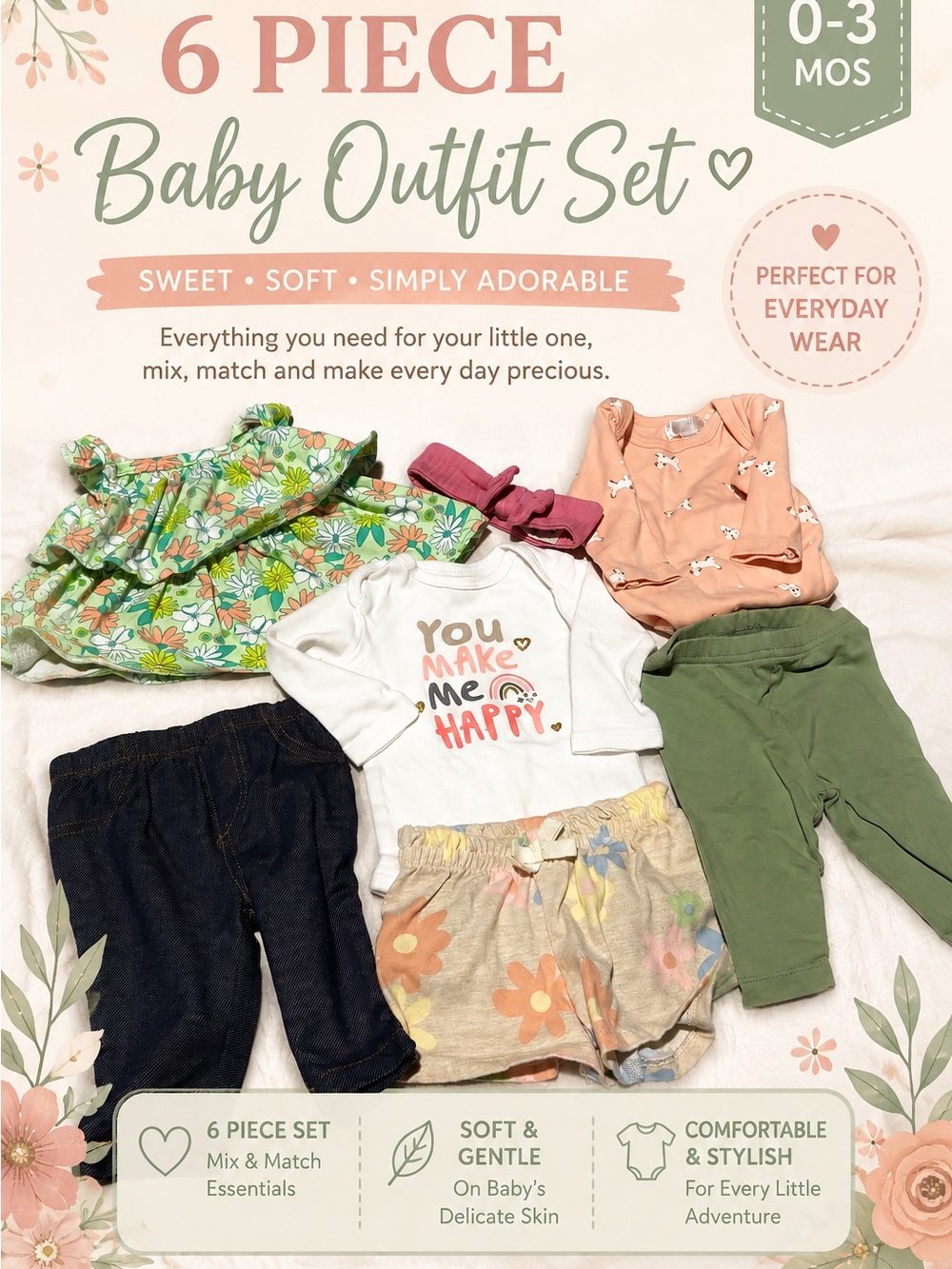 Baby 6-Piece Outfit Set - Peach, Green, White, Denim, Floral size 0-3mos